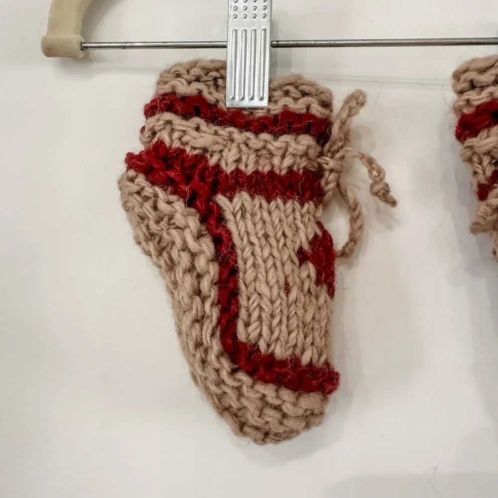 Knit Baby Booties 6-12 Mos Beige Burgundy Maple Leaf Lined Booties Handmade Wool